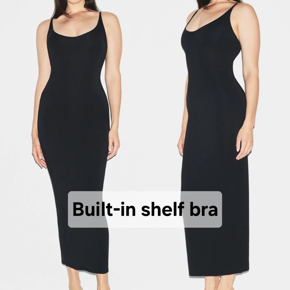 New SKIMS Smooth Layers Skimpy Scoop Neck Maxi Dress Obsidian Black 2X Shelf Bra
